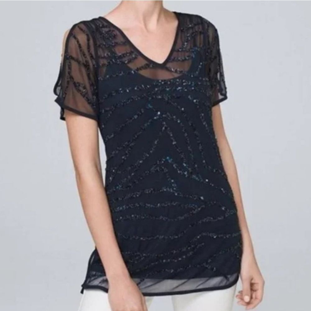 White House Black Market Navy Blue Split Sleeve Sequin Top Size XS